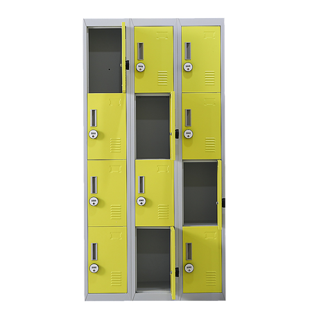 12-Door Steel Storage Locker with 4-Digit Combination Lock, Grey with Yellow