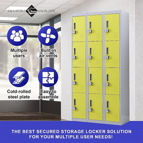12-Door Steel Storage Locker with 4-Digit Combination Lock, Grey with Yellow