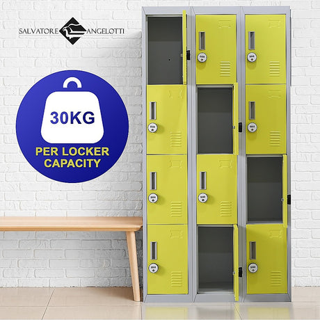 12-Door Steel Storage Locker with 4-Digit Combination Lock, Grey with Yellow