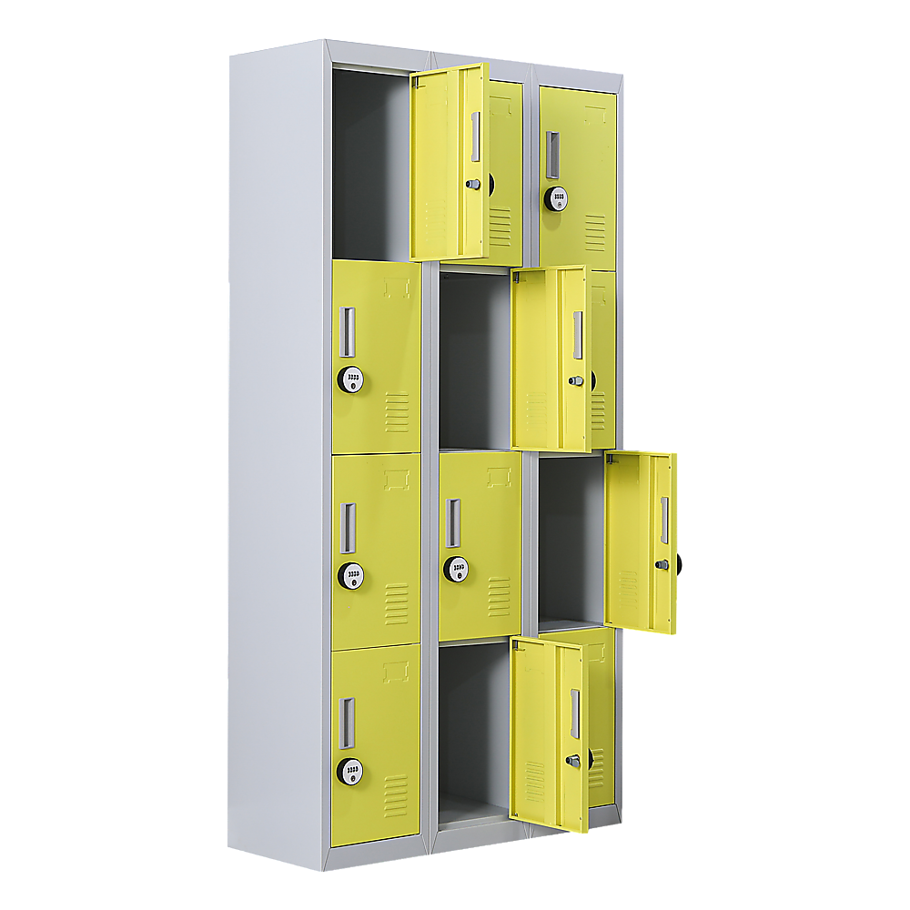 12-Door Steel Storage Locker with 4-Digit Combination Lock, Grey with Yellow