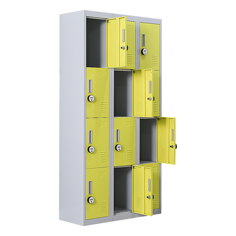 12-Door Steel Storage Locker with 4-Digit Combination Lock, Grey with Yellow