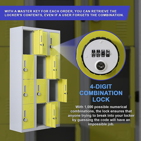 12-Door Steel Storage Locker with 4-Digit Combination Lock, Grey with Yellow