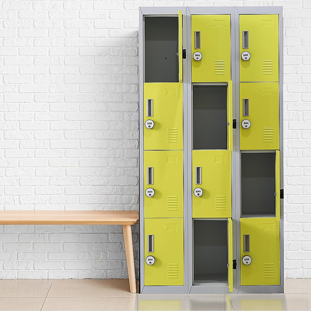 12-Door Steel Storage Locker with 4-Digit Combination Lock, Grey with Yellow