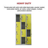 12-Door Steel Storage Locker with 4-Digit Combination Lock, Grey with Yellow