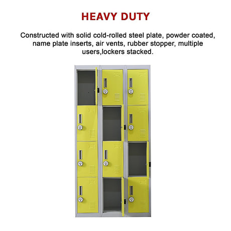 12-Door Steel Storage Locker with 4-Digit Combination Lock, Grey with Yellow