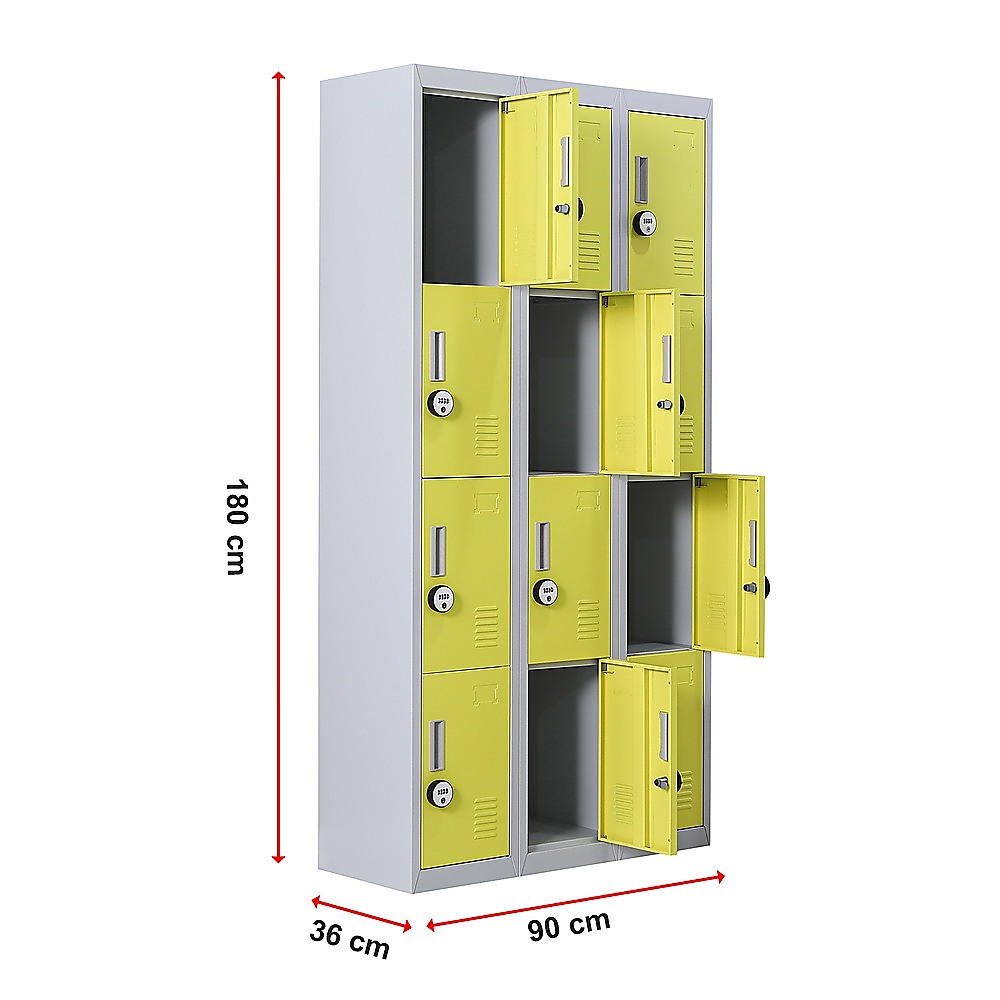12-Door Steel Storage Locker with 4-Digit Combination Lock, Grey with Yellow