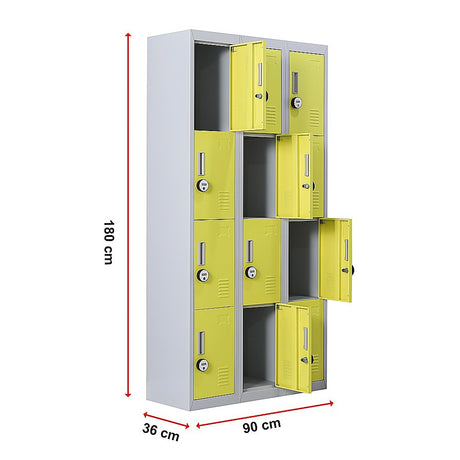 12-Door Steel Storage Locker with 4-Digit Combination Lock, Grey with Yellow