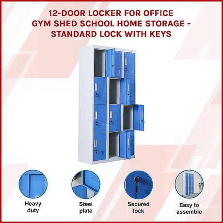 12-Door Steel Storage Locker, Grey with Blue Doors, key lock - image 4