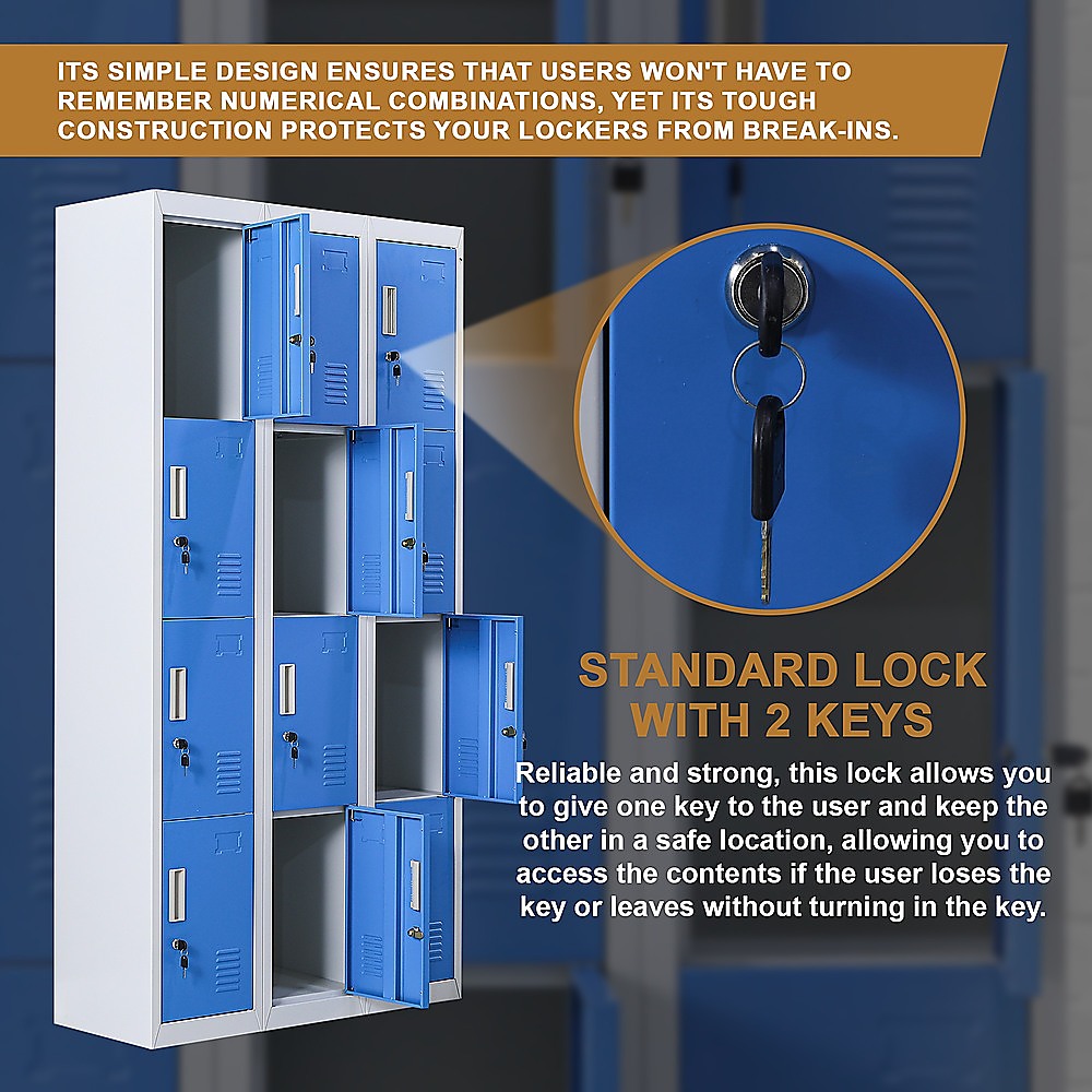 12-Door Steel Storage Locker, Grey with Blue Doors, key lock - image 10