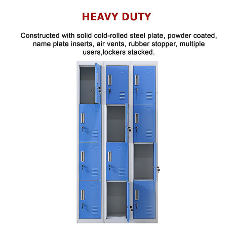 12-Door Steel Storage Locker, Grey with Blue Doors, key lock - image 12