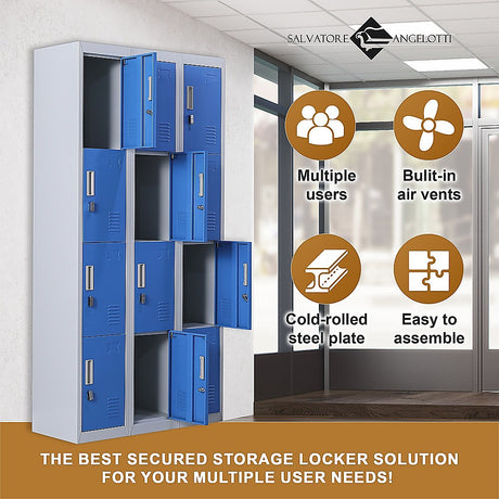 12-Door Steel Storage Locker, Grey with Blue Doors - image 4