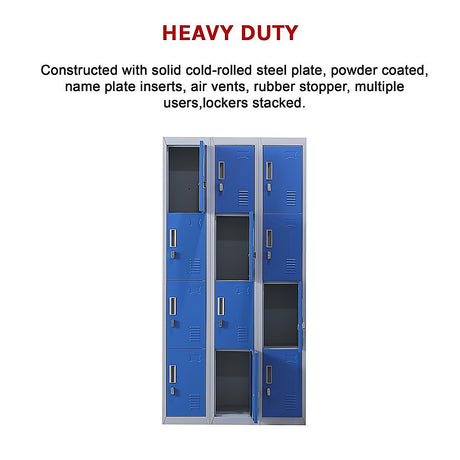 12-Door Steel Storage Locker, Grey with Blue Doors - image 11