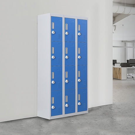 12-Door Steel Storage Locker with 3-Digit Combination Lock, Grey with Blue