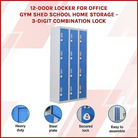 12-Door Steel Storage Locker with 3-Digit Combination Lock, Grey with Blue