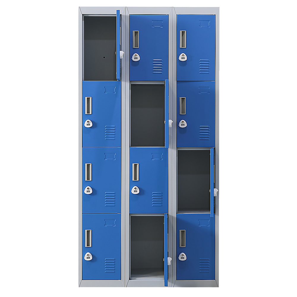 12-Door Steel Storage Locker with 3-Digit Combination Lock, Grey with Blue