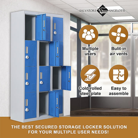 12-Door Steel Storage Locker with 3-Digit Combination Lock, Grey with Blue