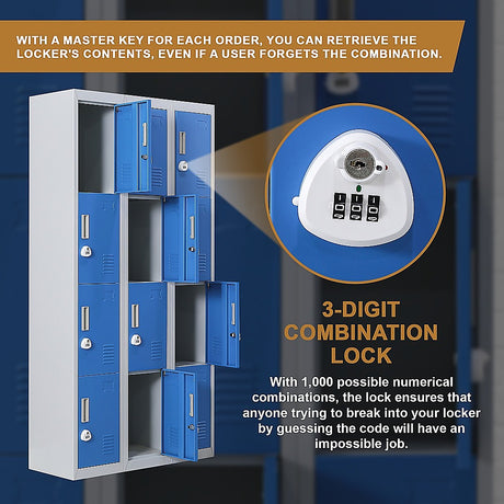 12-Door Steel Storage Locker with 3-Digit Combination Lock, Grey with Blue