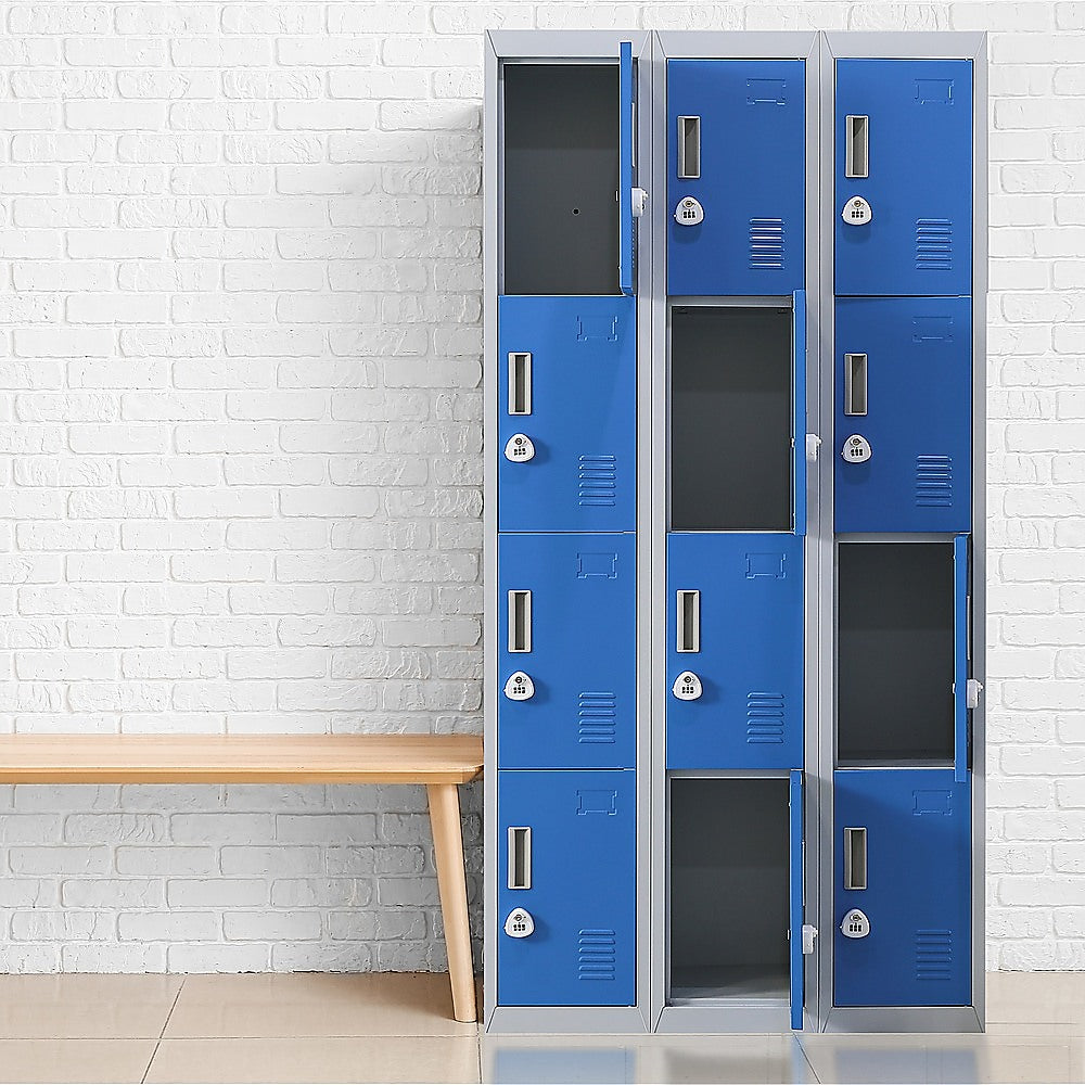 12-Door Steel Storage Locker with 3-Digit Combination Lock, Grey with Blue