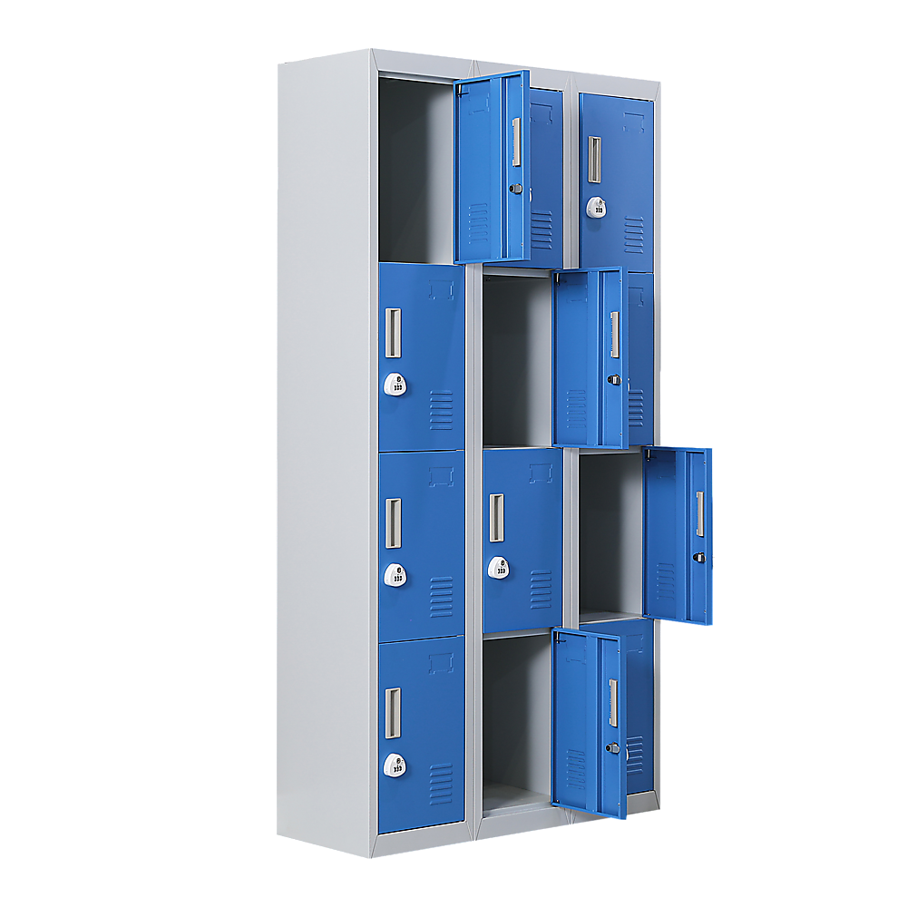 12-Door Steel Storage Locker with 3-Digit Combination Lock, Grey with Blue