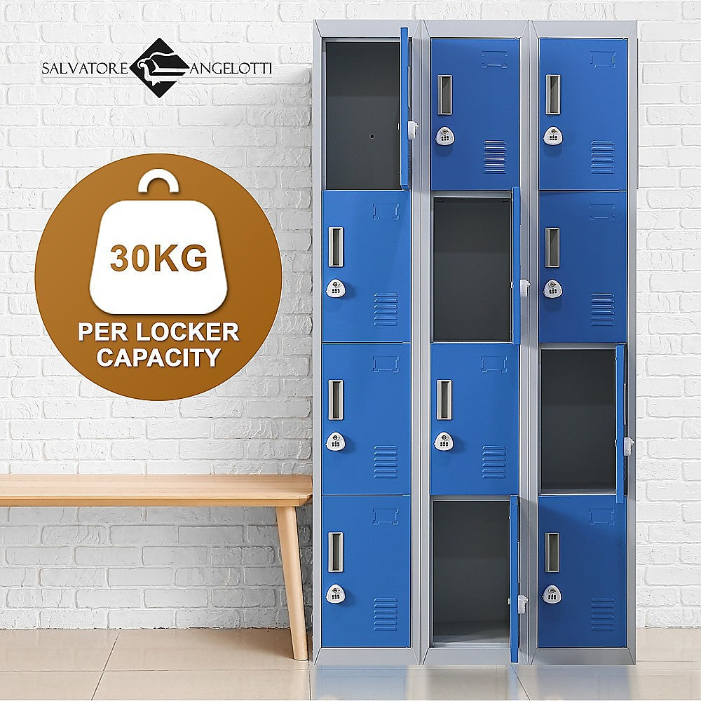 12-Door Steel Storage Locker with 3-Digit Combination Lock, Grey with Blue