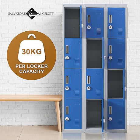 12-Door Steel Storage Locker with 3-Digit Combination Lock, Grey with Blue