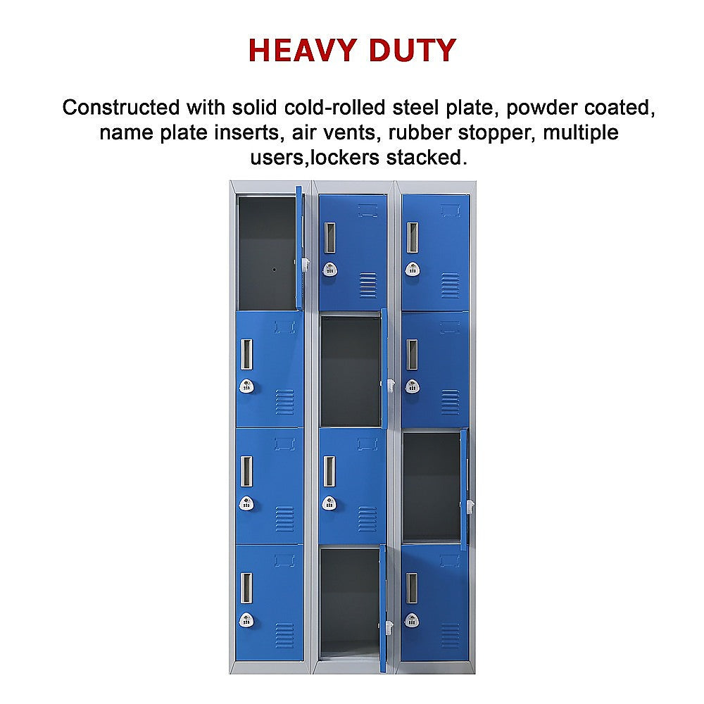12-Door Steel Storage Locker with 3-Digit Combination Lock, Grey with Blue