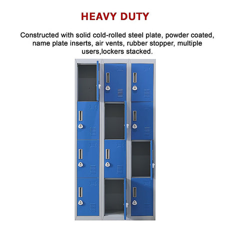 12-Door Steel Storage Locker with 3-Digit Combination Lock, Grey with Blue