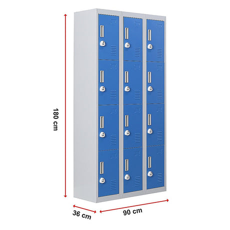 12-Door Steel Storage Locker with 3-Digit Combination Lock, Grey with Blue