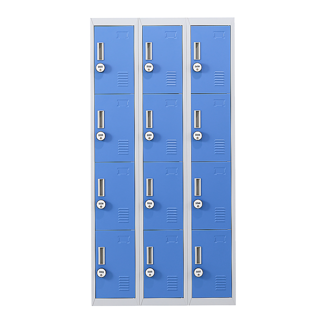 12-Door Steel Storage Locker with 4-Digit Combination Lock, Grey with Blue