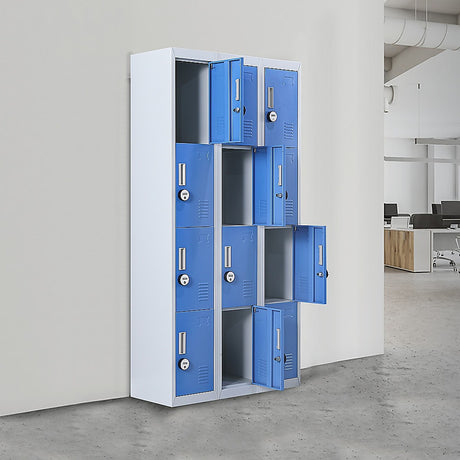 12-Door Steel Storage Locker with 4-Digit Combination Lock, Grey with Blue