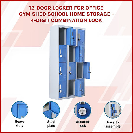 12-Door Steel Storage Locker with 4-Digit Combination Lock, Grey with Blue