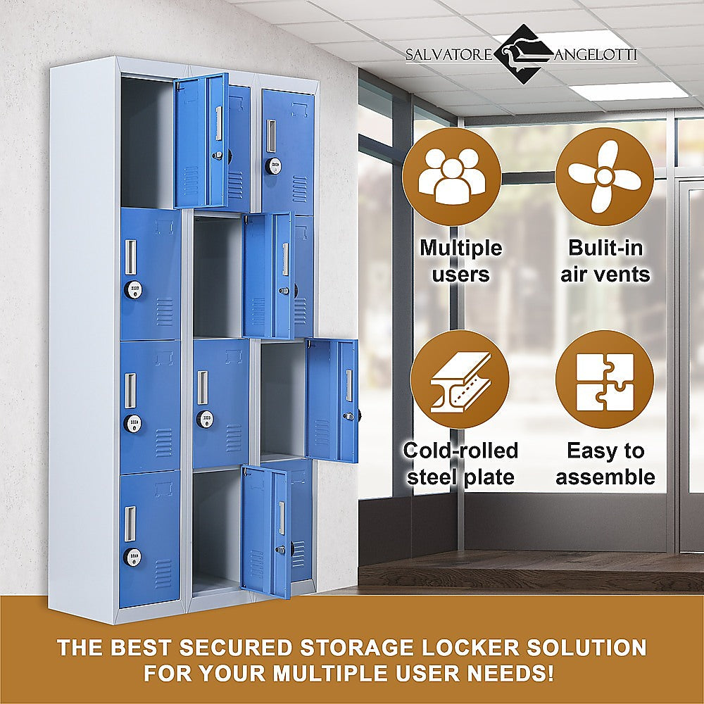 12-Door Steel Storage Locker with 4-Digit Combination Lock, Grey with Blue