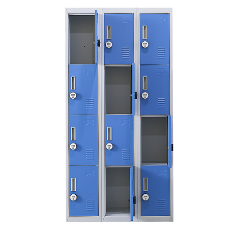 12-Door Steel Storage Locker with 4-Digit Combination Lock, Grey with Blue