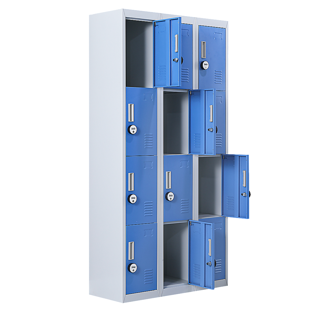 12-Door Steel Storage Locker with 4-Digit Combination Lock, Grey with Blue