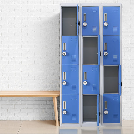 12-Door Steel Storage Locker with 4-Digit Combination Lock, Grey with Blue