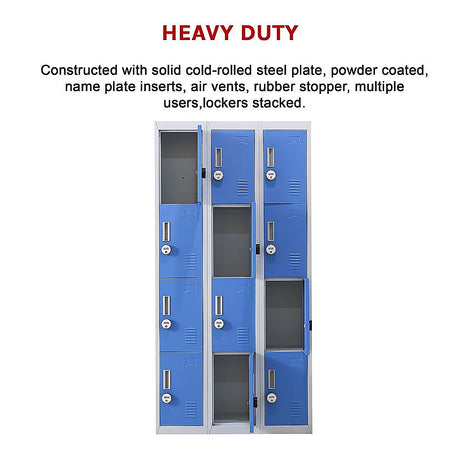12-Door Steel Storage Locker with 4-Digit Combination Lock, Grey with Blue