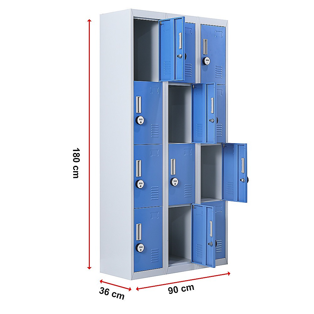 12-Door Steel Storage Locker with 4-Digit Combination Lock, Grey with Blue