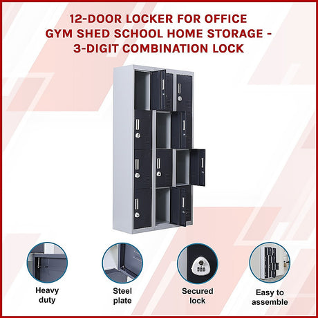 12-Door Steel Storage Locker with 3-Digit Combination Lock, Grey with Charcoal