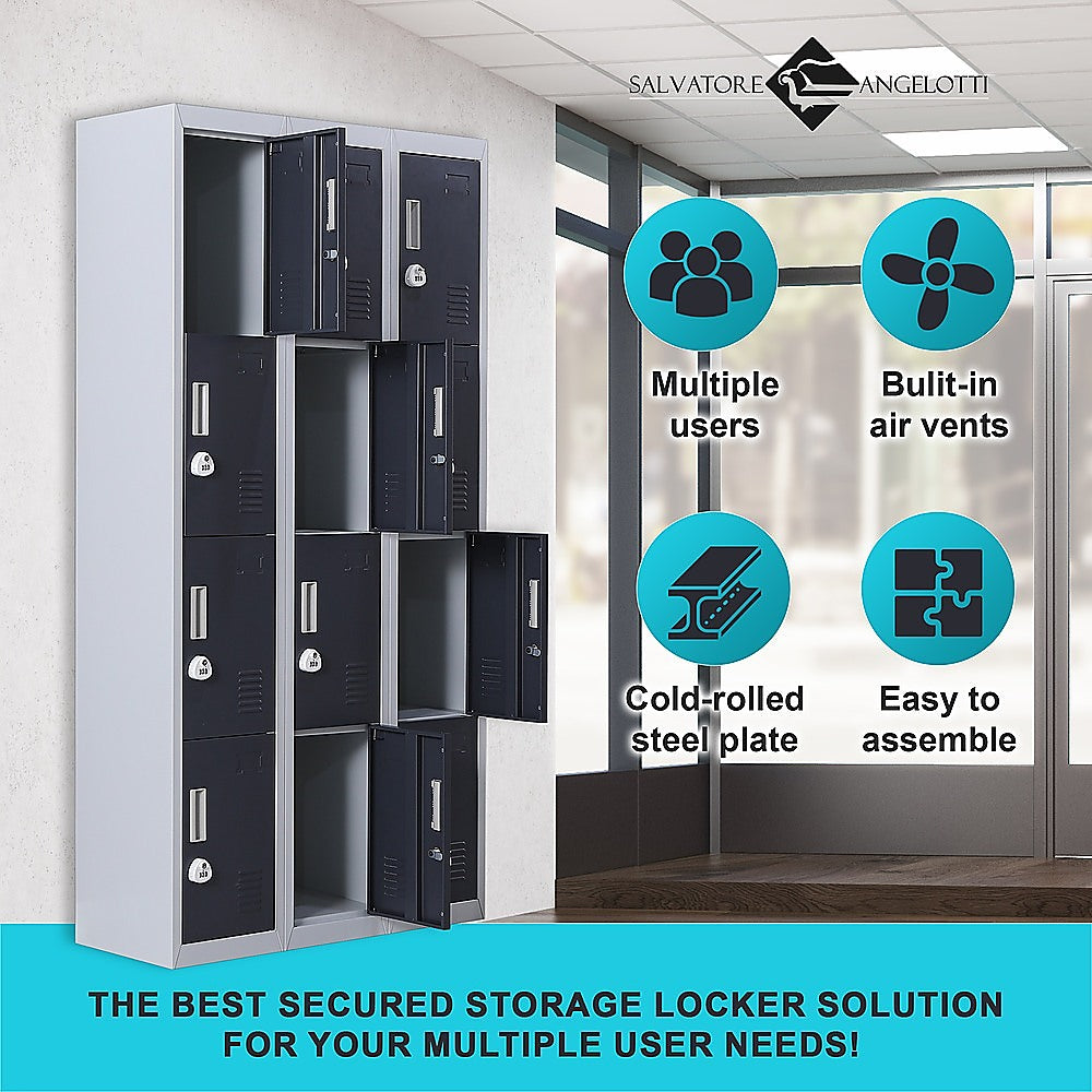 12-Door Steel Storage Locker with 3-Digit Combination Lock, Grey with Charcoal