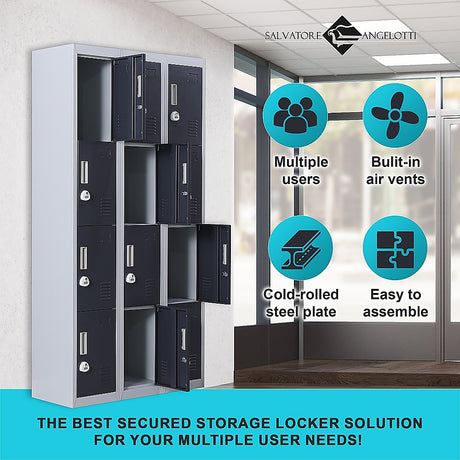 12-Door Steel Storage Locker with 3-Digit Combination Lock, Grey with Charcoal