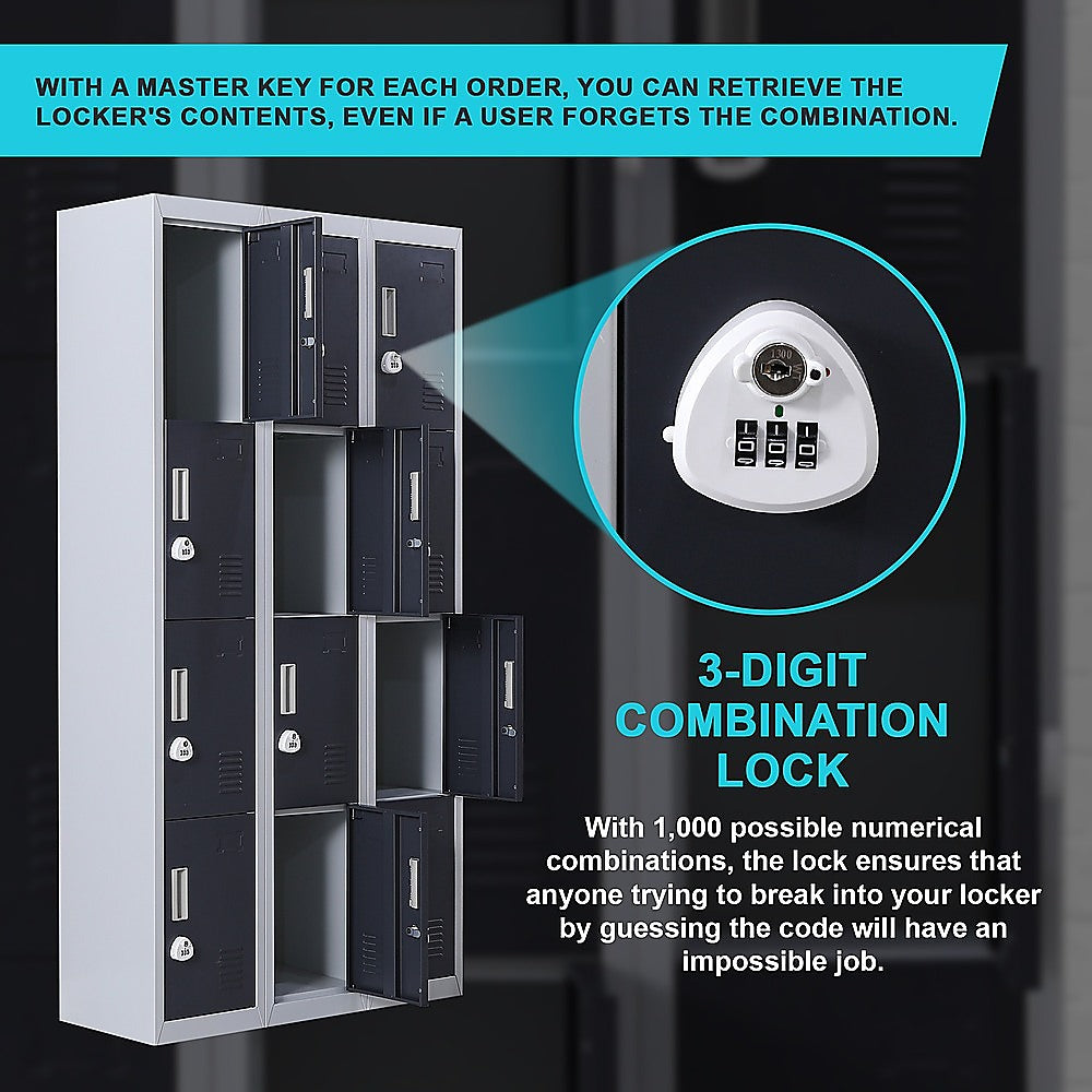 12-Door Steel Storage Locker with 3-Digit Combination Lock, Grey with Charcoal