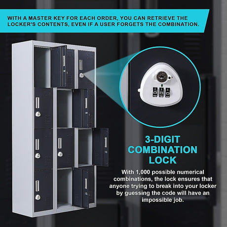 12-Door Steel Storage Locker with 3-Digit Combination Lock, Grey with Charcoal