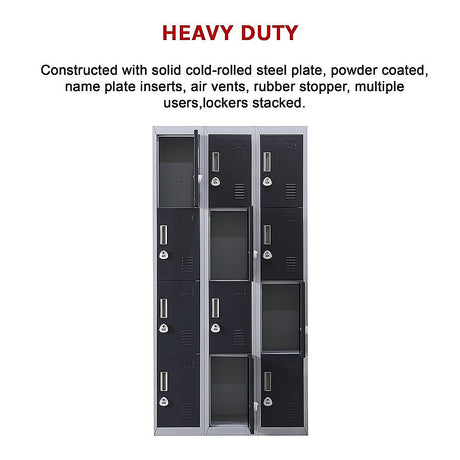 12-Door Steel Storage Locker with 3-Digit Combination Lock, Grey with Charcoal