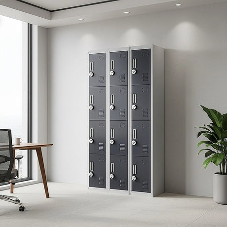 12-Door Steel Storage Locker with 4-Digit Combination Lock, Grey with Charcoal