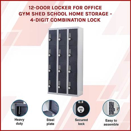 12-Door Steel Storage Locker with 4-Digit Combination Lock, Grey with Charcoal