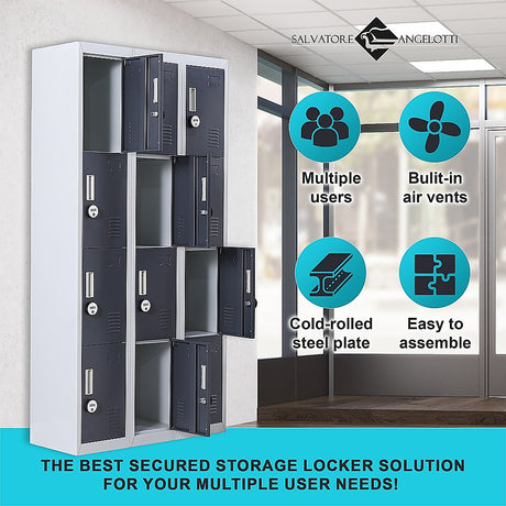 12-Door Steel Storage Locker with 4-Digit Combination Lock, Grey with Charcoal