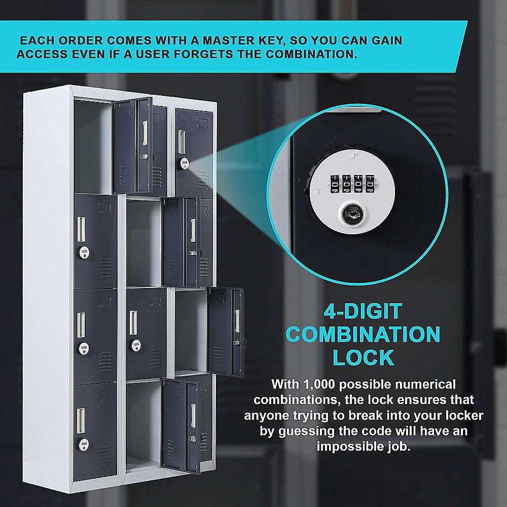 12-Door Steel Storage Locker with 4-Digit Combination Lock, Grey with Charcoal