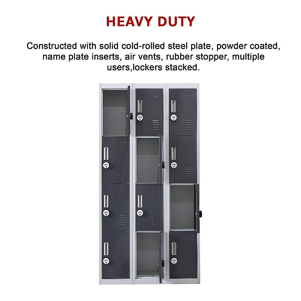 12-Door Steel Storage Locker with 4-Digit Combination Lock, Grey with Charcoal