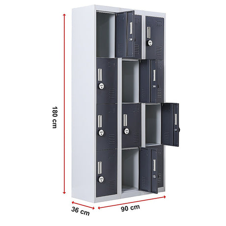 12-Door Steel Storage Locker with 4-Digit Combination Lock, Grey with Charcoal