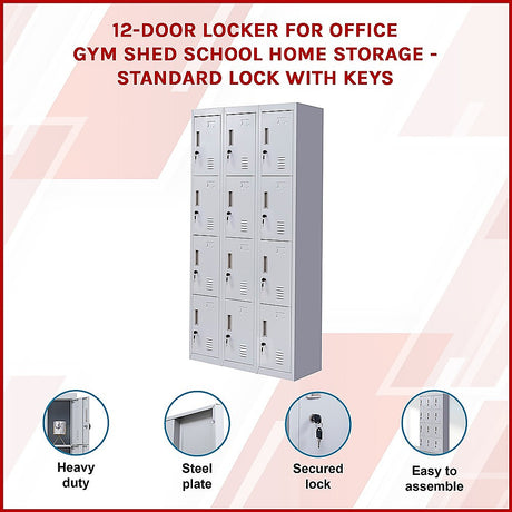 12-Door Steel Storage Locker in Grey, key lock - image 3